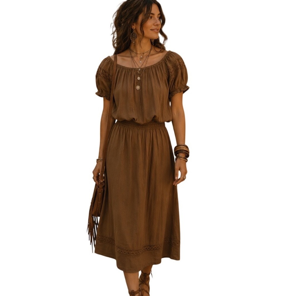 Chaudry Raga Anthropologie Cotton Boho Chic Brown Midi Dress‎ Lace Sz Medium NWT